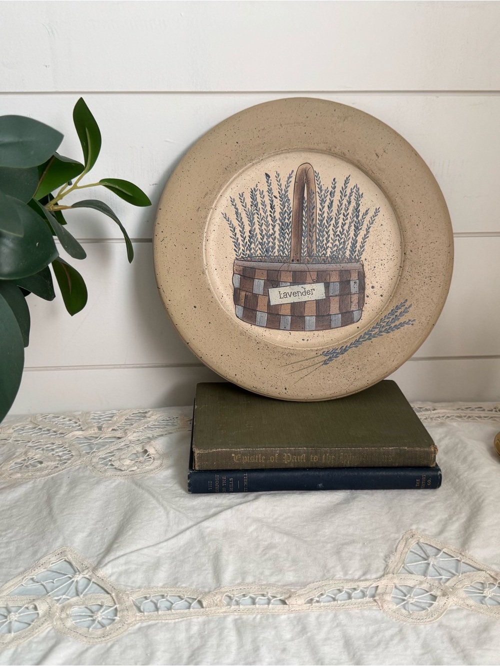 Hand-Painted Lavender Basket Decorative Wall Plate - Beige